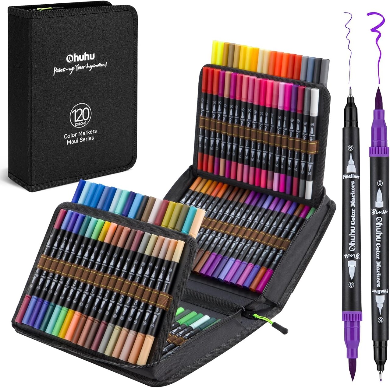 Ohuhu Markers for Adult Coloring Books: 120 Colors Brush Pens Dual Brush Fine Tip Drawing Pens Water-Based Coloring Markers for Calligraphy Bullet Journal with Carrying Case -Maui (Black Barrel)